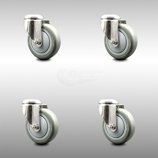 4 Inch 316SS Gray Polyurethane Wheel Swivel Bolt Hole Caster Set